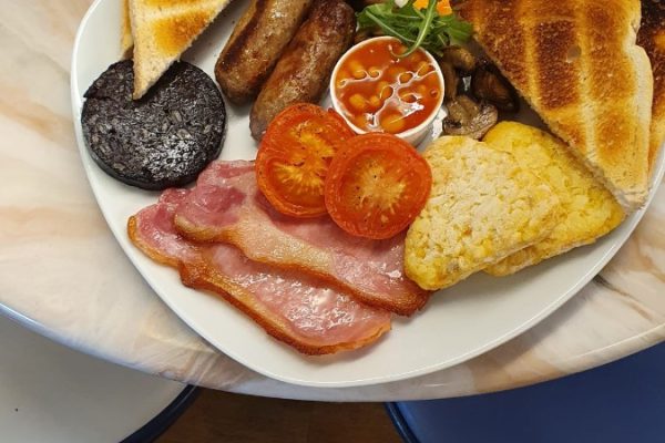 Full English served for breakfast at Lewis's Cafe in Morecambe