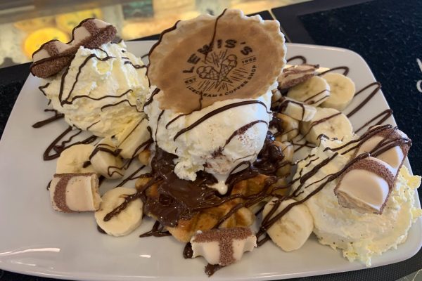 Hazelnut Waffles with dairy ice cream available at Lewis's Coffee Shop Morecambe