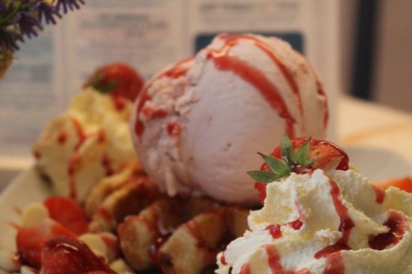 Sweet Waffles with dairy ice cream at Lewis's Cafe in Morecambe