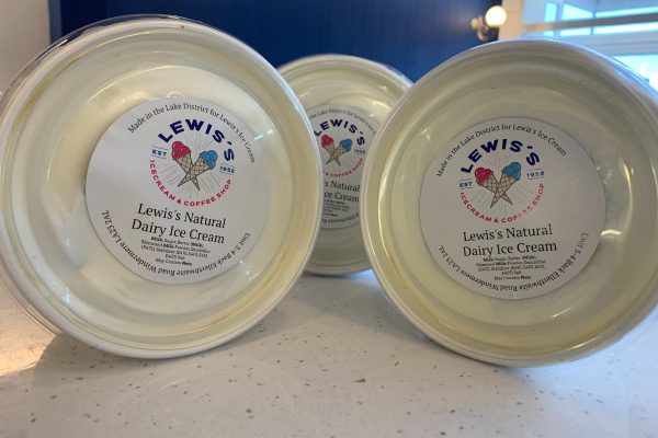 Tubs of Lewis's Natural Dairy Ice Cream for sale at Lewis's Cafe in Morecambe