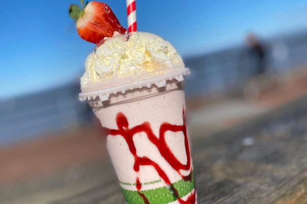 Stawberry milkshake to takeaway from Lewis' Ice Cream Cafe in Morecambe